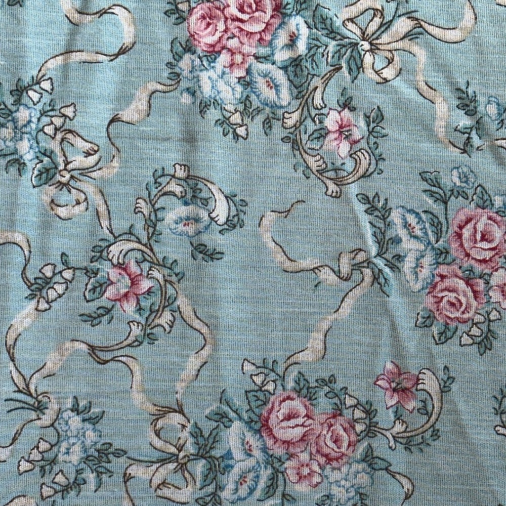 Vintage 70s 80s JCPenney 70" Round Ruffled Tablecloth Blue Pink Rose Ribbon USA